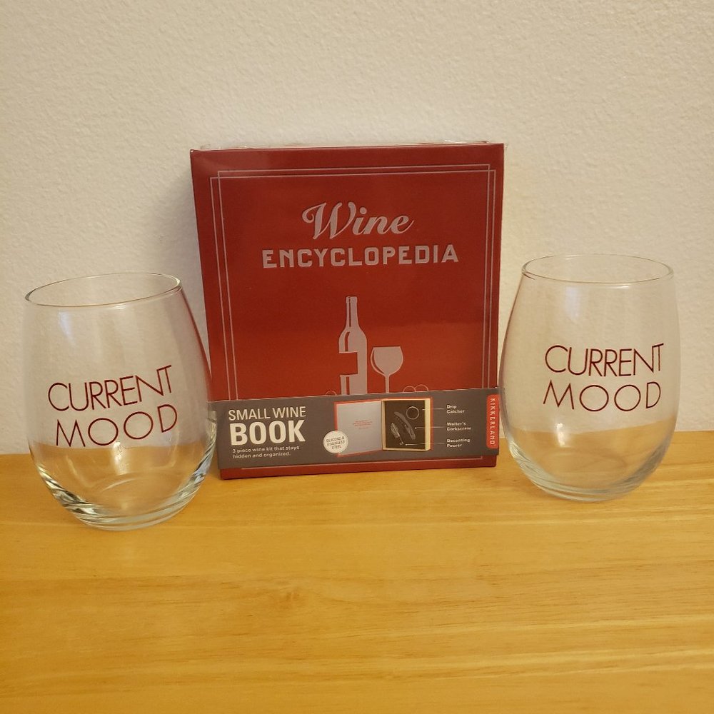 Kikkerland Small Wine Book + Set of 2 Current Mood Stemless Wine Glasses